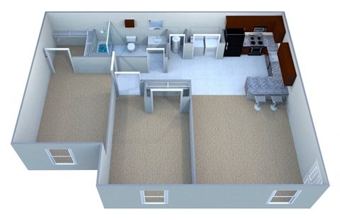 Floor plan for 2 beds, 1 bath, 889 sqft